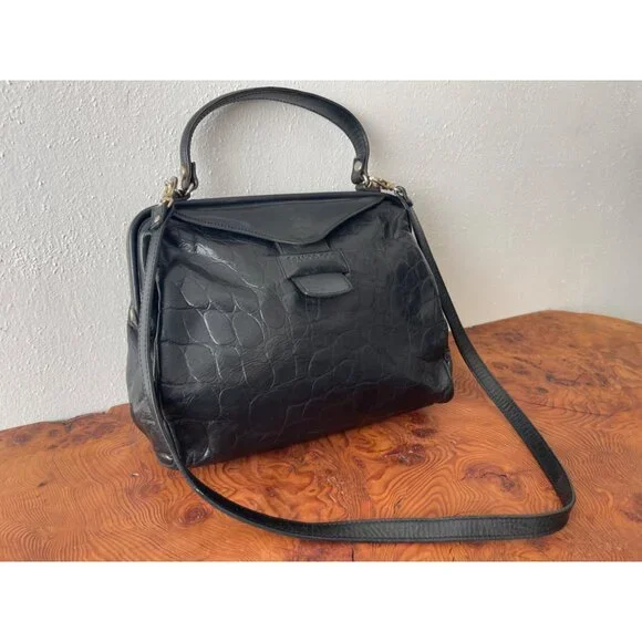 VTG Franco Godi Italia Black Crocodile Embossed Leather Satchel Style Handbag - Picture 2 of 16